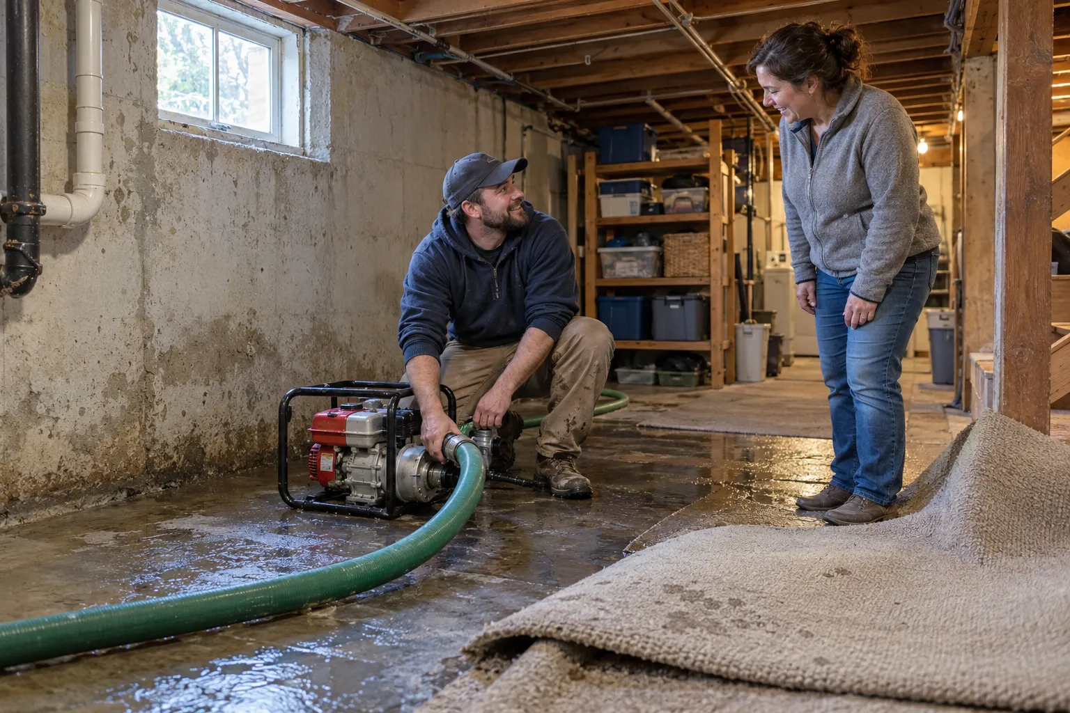 Water damage restoration technician drying a flooded living room in Hartford